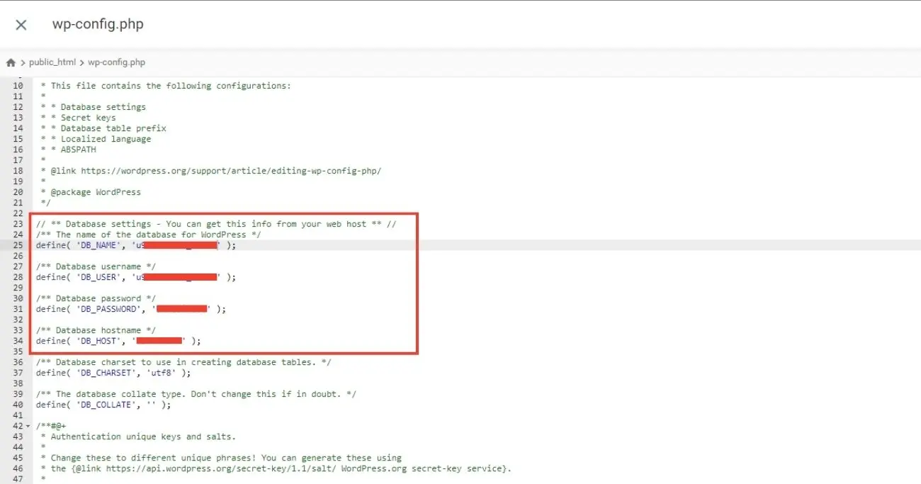 Database credentials in wp-config file