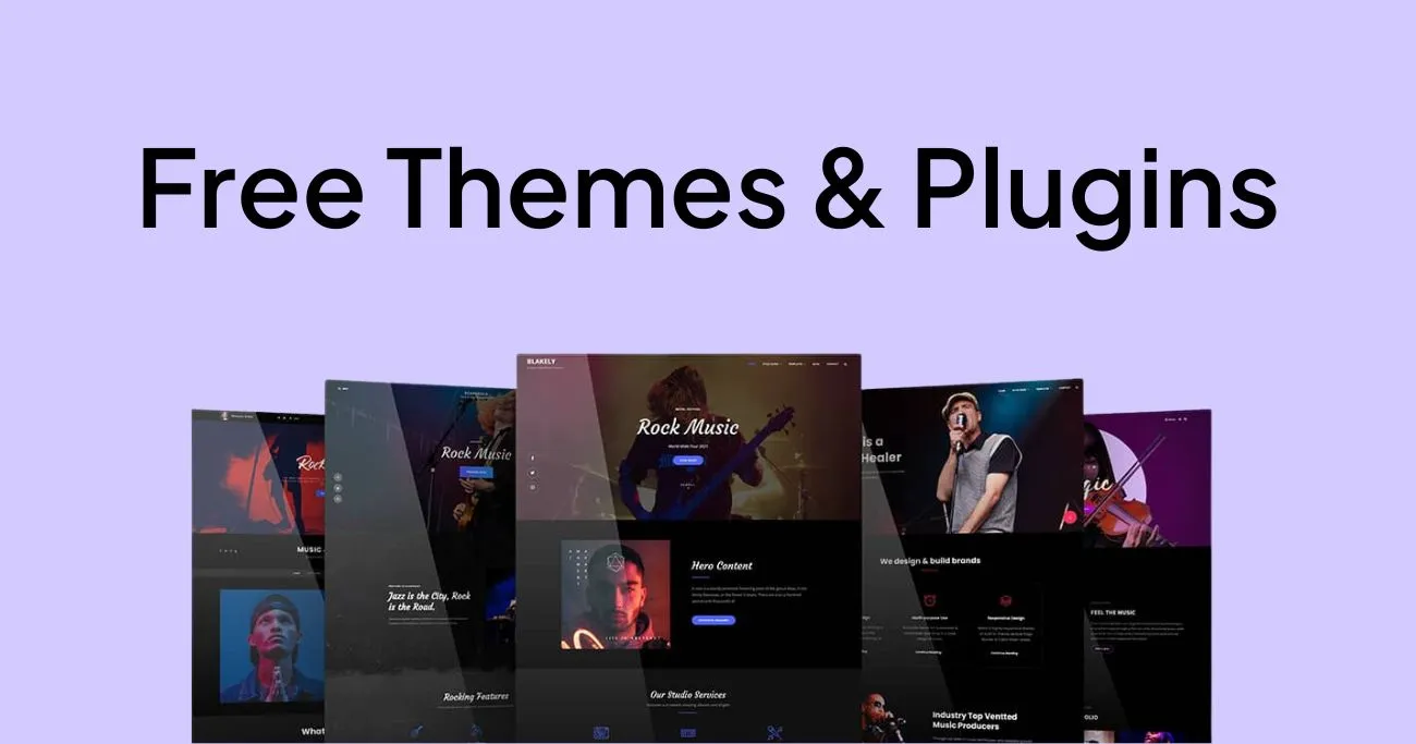 A text "Free WordPress Themes and Plugins" and snapshots of some websites