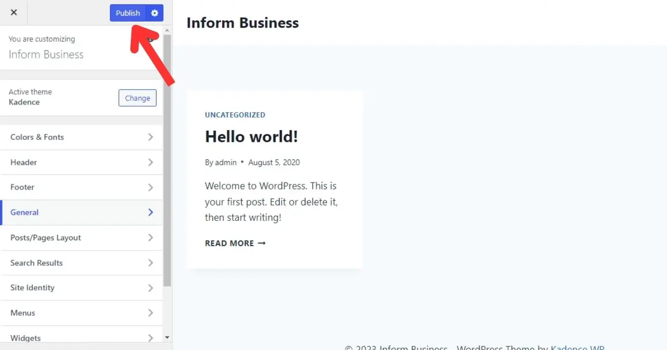 Publish button under theme customizer