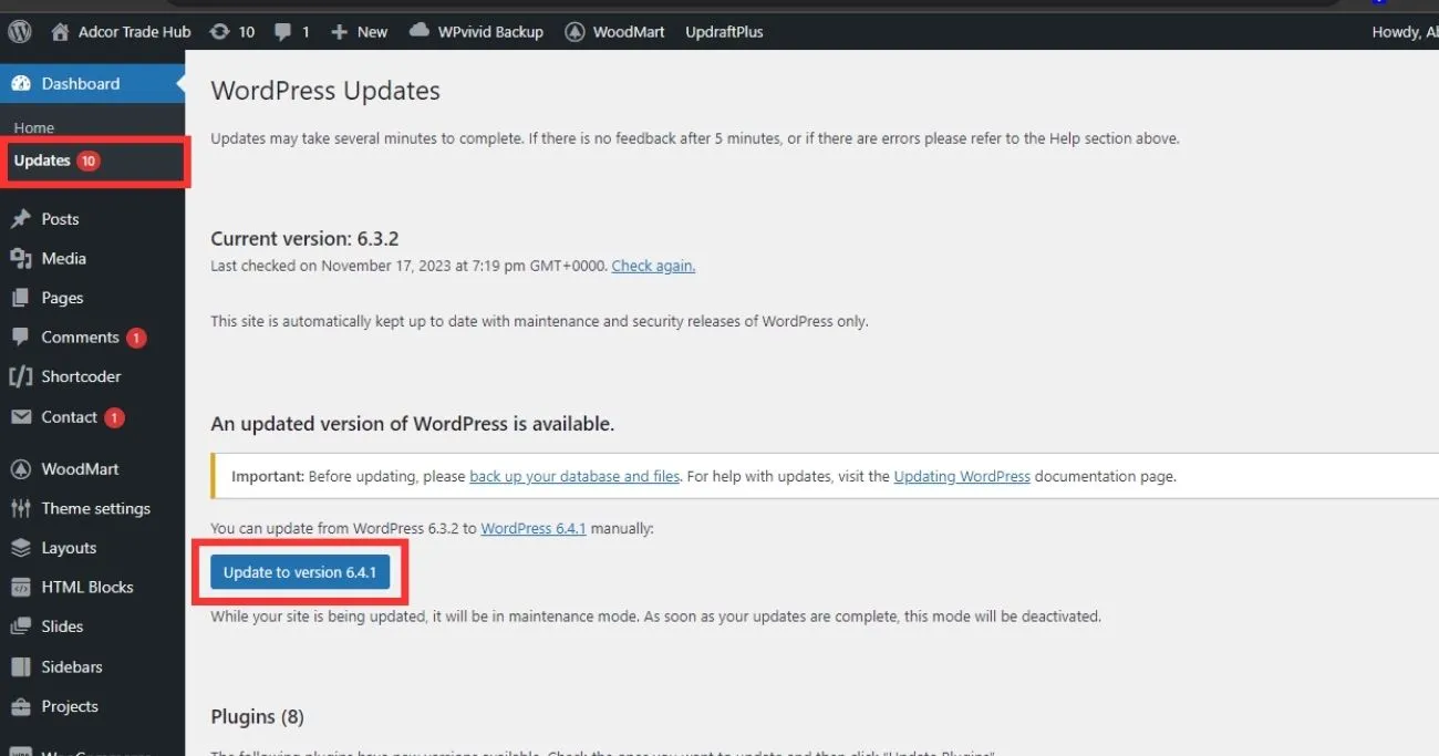 Screenshot of WordPress Updates