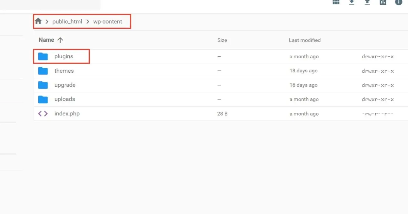 WordPress Plugins folder under Hosting File manager