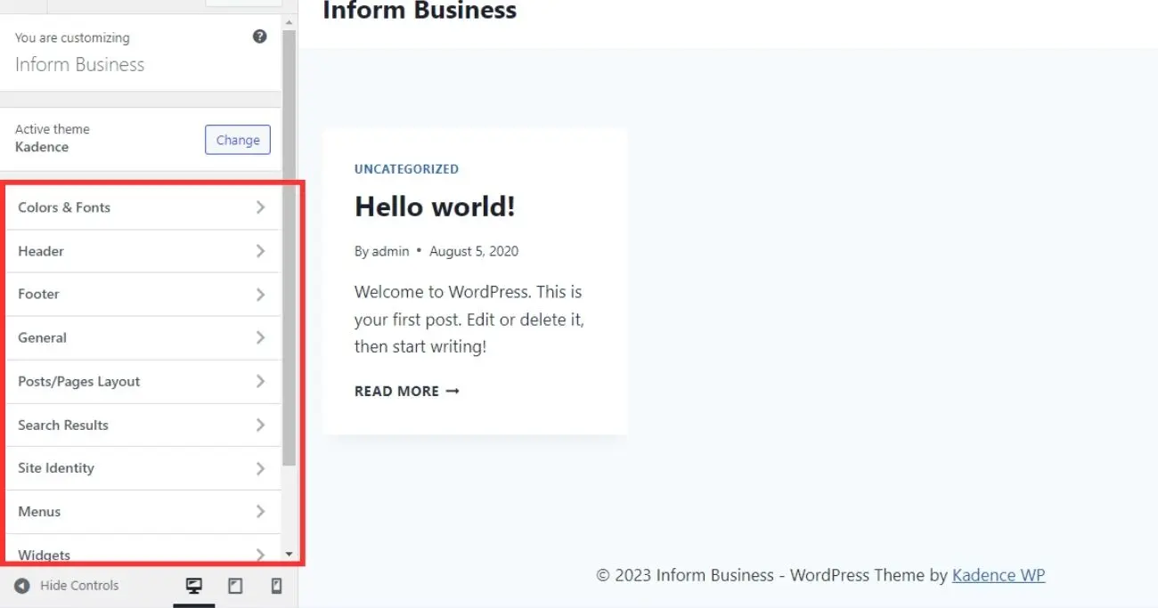 WordPress theme customizer options