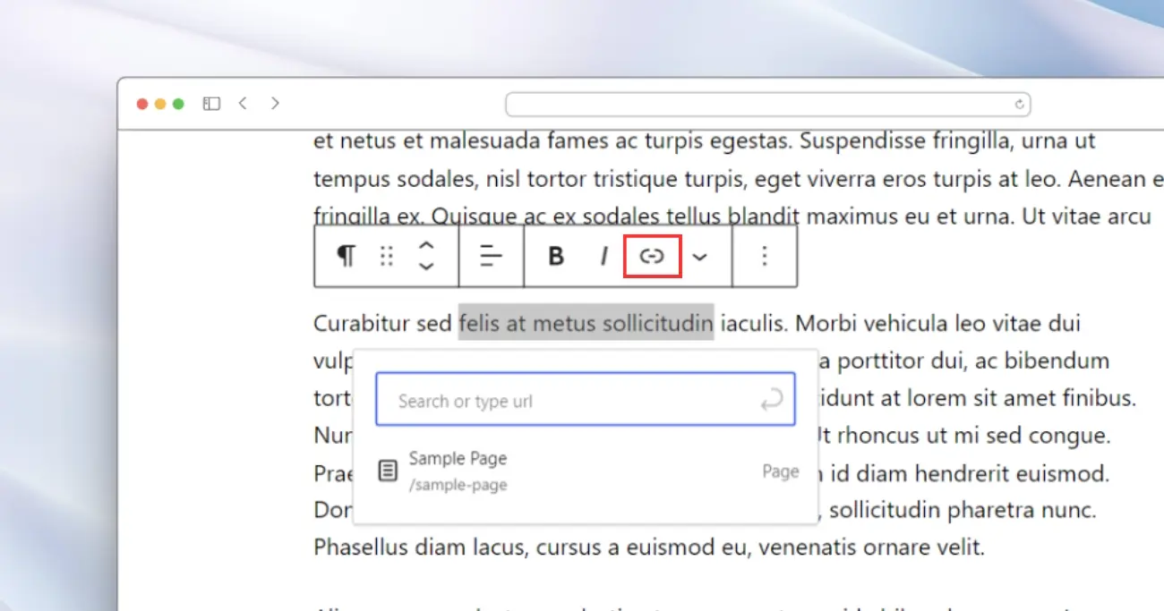 selecting and inserting a link in WordPress block editor