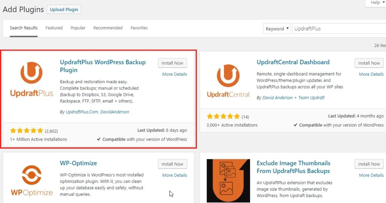 updraft plugin from WordPress plugins repository